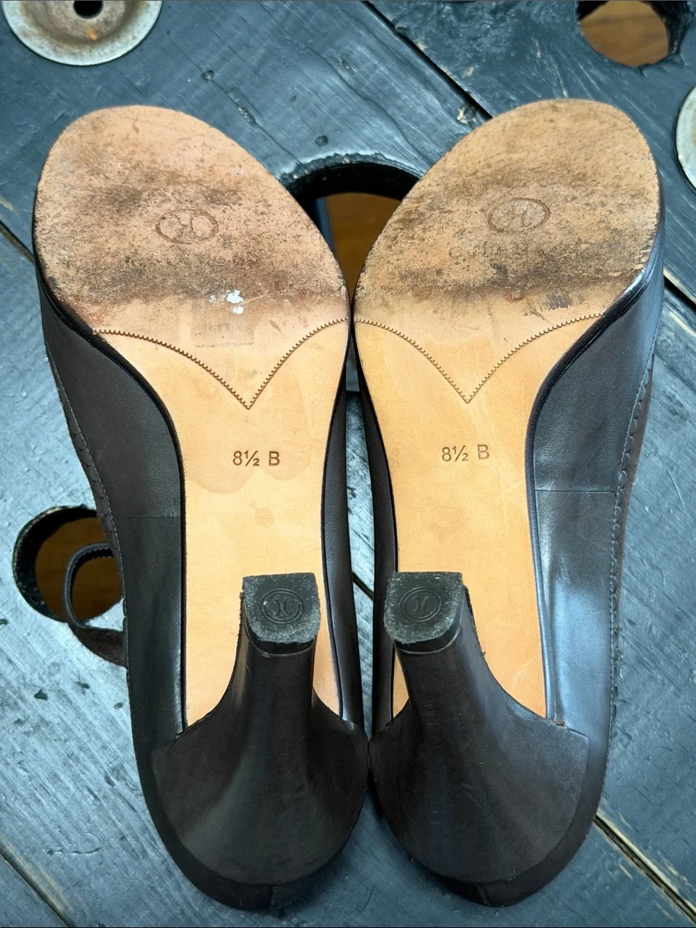 Cole Haan Dark Brown Suede & Leather Scallop Trim Mary Jane Heels